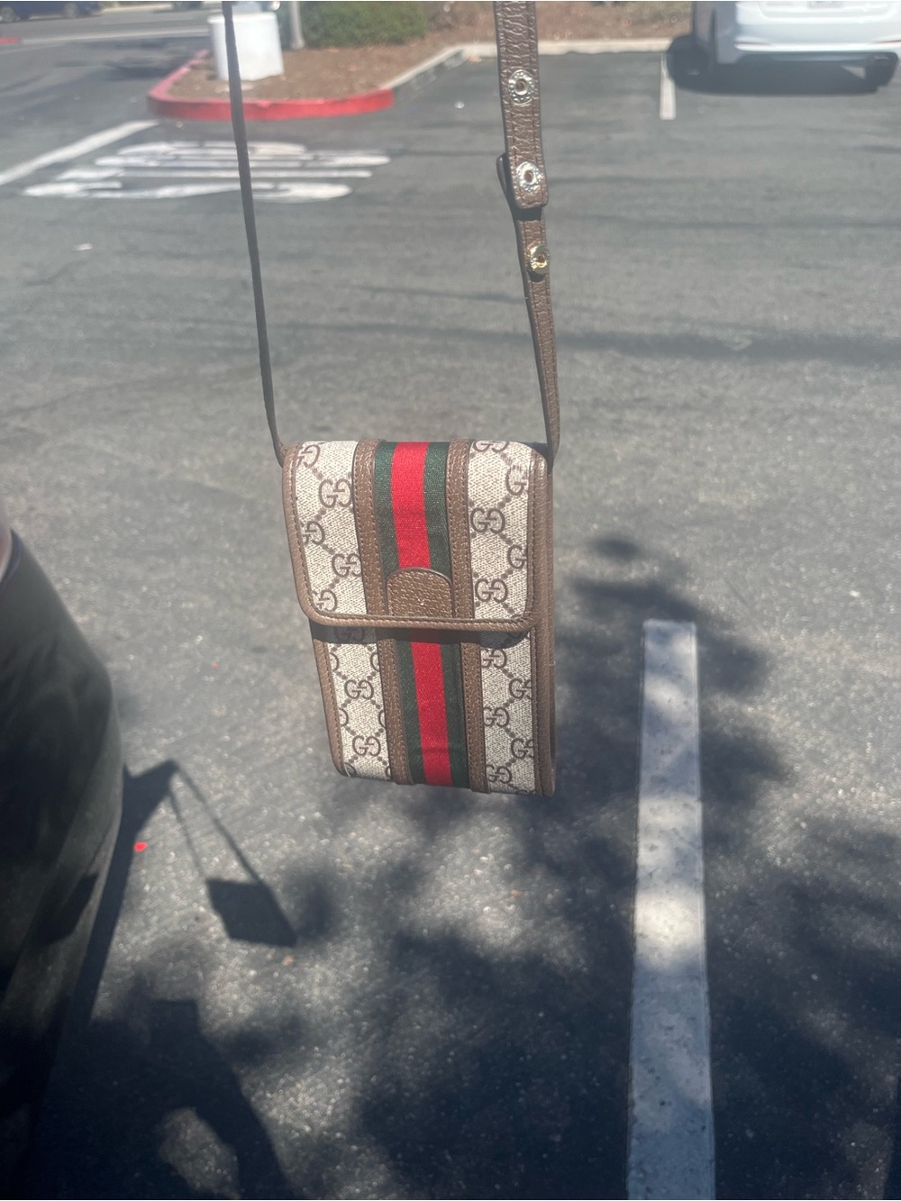 Gucci Beige GG Canvas Crossbody Pouch with Red & Green Stripe